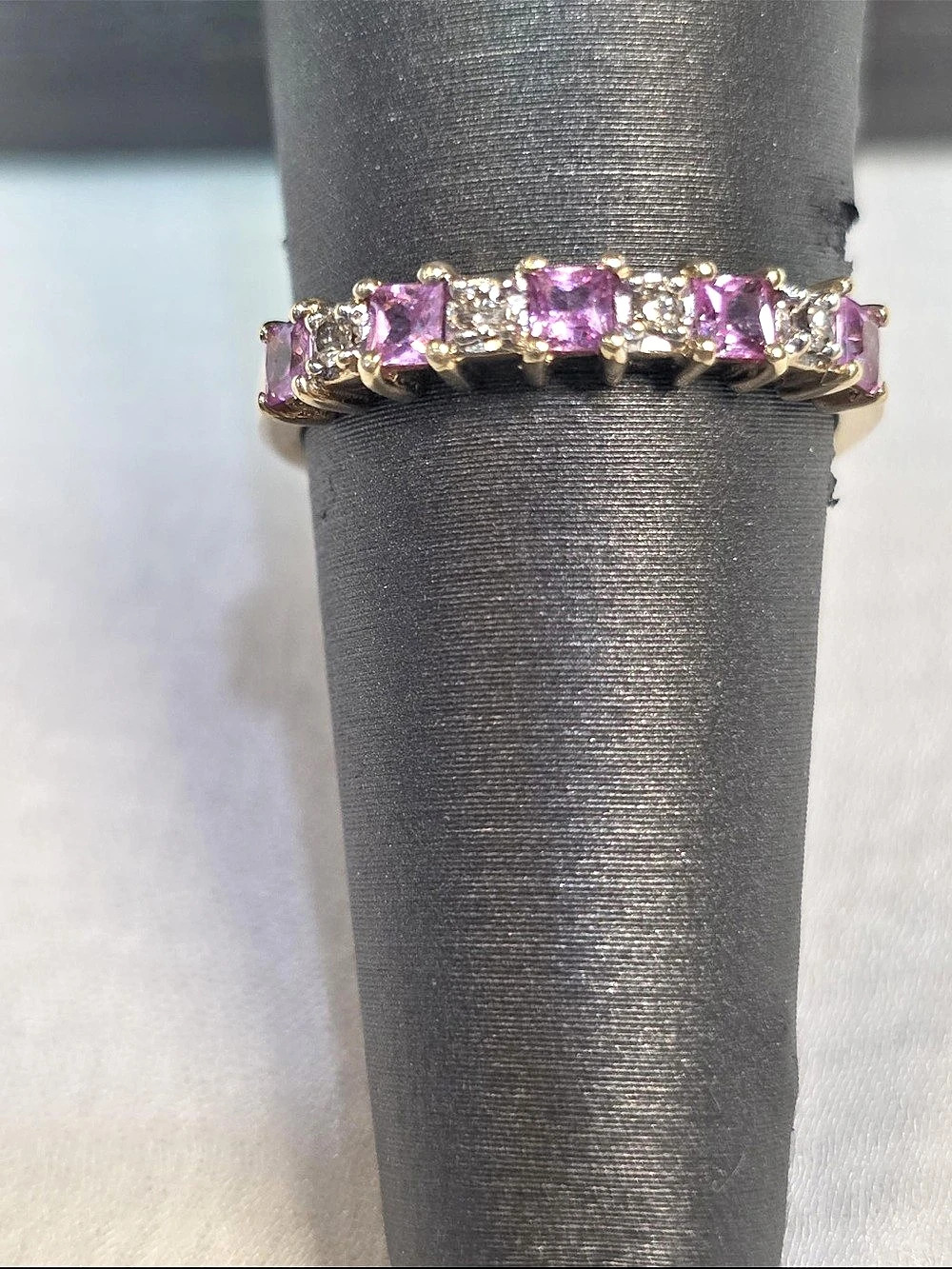 Estate pink topaz and diamond band ring 10k yellow gold